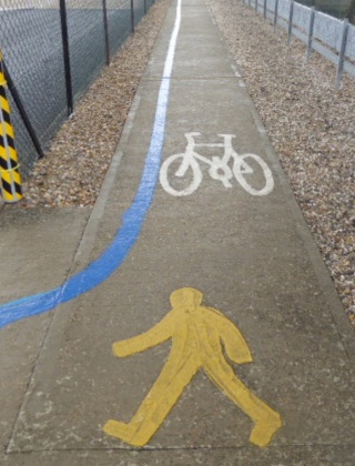 A cycle lane & walking path down the side of a fenced playground area.