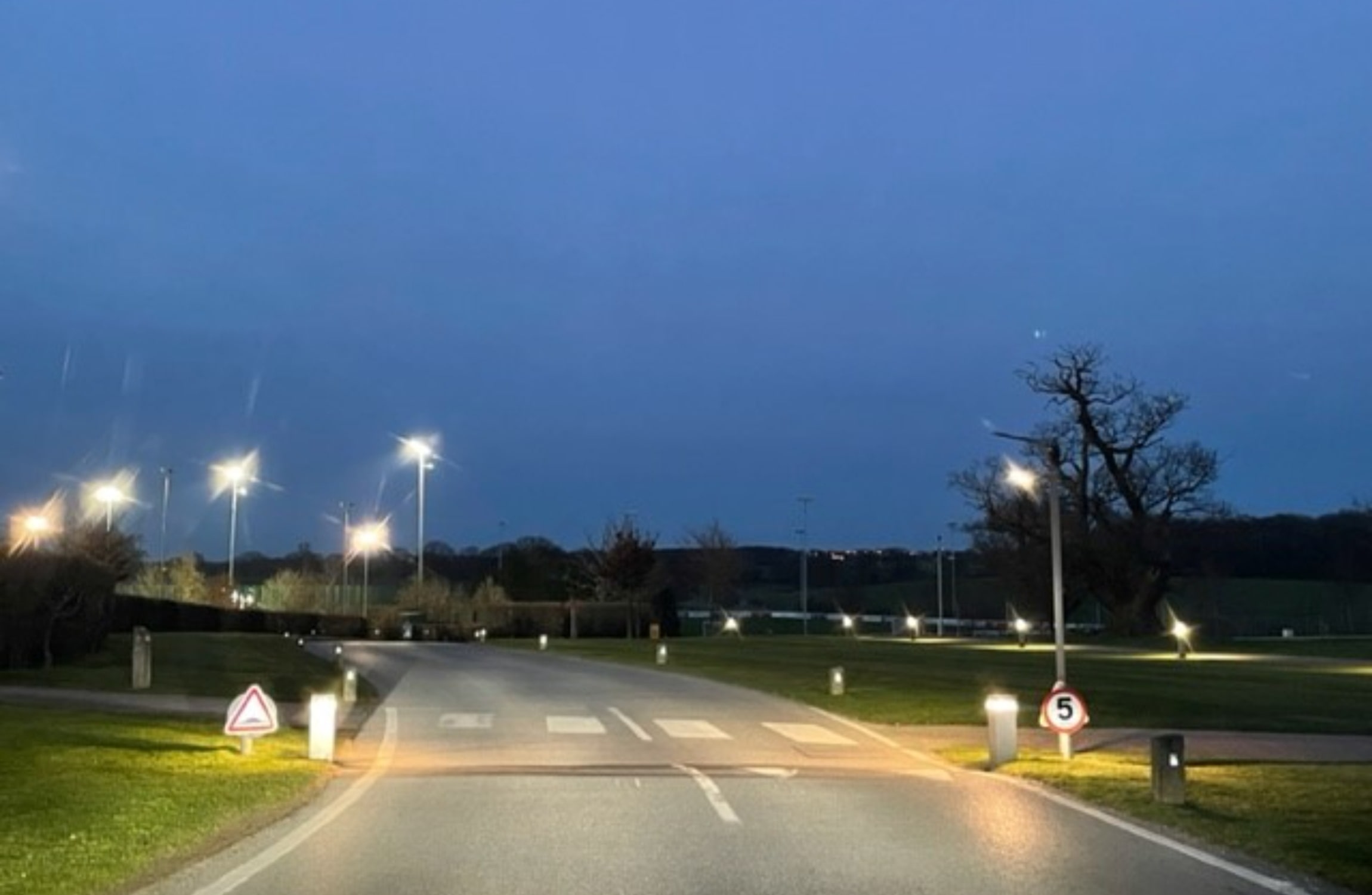 A well lit road at St. George's Park at Night with a pedestrian crossing.