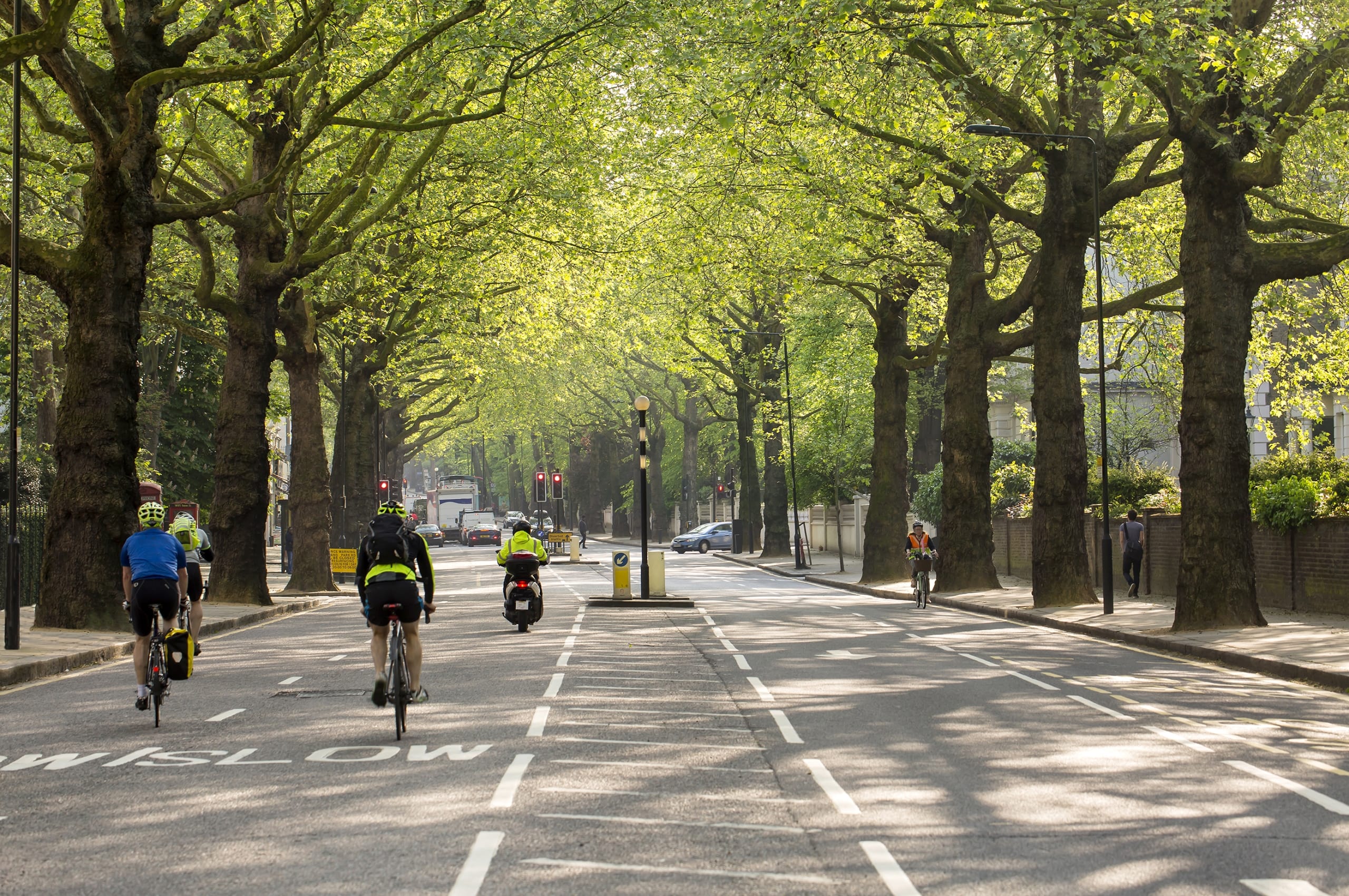 London road with cyclists.