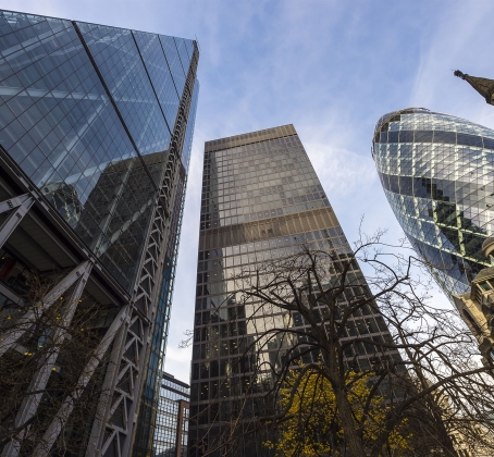 The Cheese grater and Gherkin shot from the ground view.