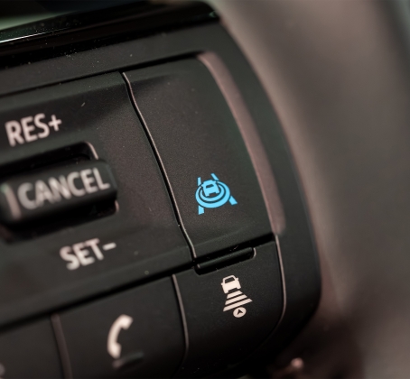 Zoomed in steering wheel to the lane assist button.